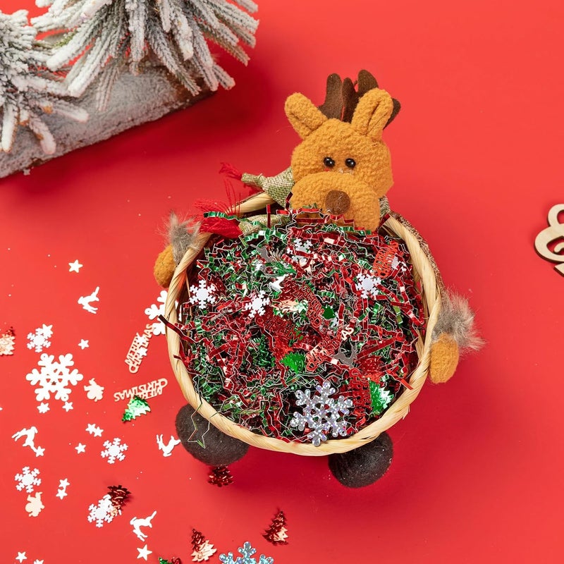 Gloreyan 8.8oz Christmas Crinkle Cut Paper Shred, Xmas Metallic Red Green Raffia Paper Sherd Filler Grass with Christmas Confetti for Gift Wrapping Basket Filling Birthdays Weddings Party Supply - Image 3